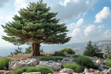 Majestic Cedar of Lebanon Against a Blue Sky Overlooking a Hillside