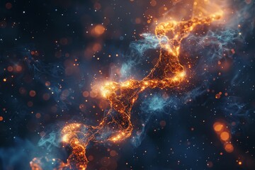 A visually striking abstract image showcasing a fiery orange DNA helix floating amidst a dark, cosmic backdrop