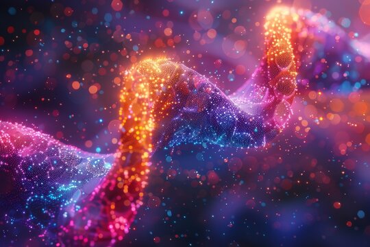 This image features a bright and vibrant abstract digital representation of DNA strands against a bokeh background