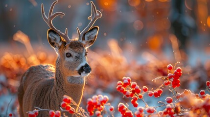 Majestic Roe Deer Standing Amid Fiery Autumn Berries in Golden Hour Light