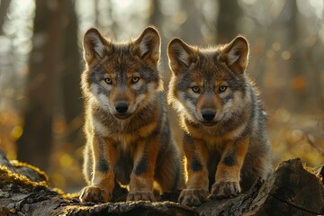Two wolves sitting on a log in the forest in the fall