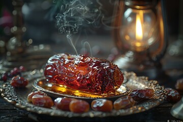 Cake with dates on a dark background,  Selective focus