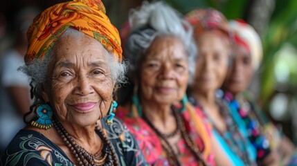 Group of Joyful Senior Women in Colorful Headscarves and Traditional Jewelry Smiling Together