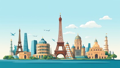 Iconic landmarks focus flat design top view travel theme cartoon drawing Complementary Color Scheme