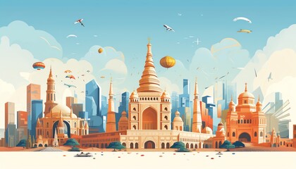 Naklejka premium Iconic landmarks focus flat design top view travel theme cartoon drawing Complementary Color Scheme