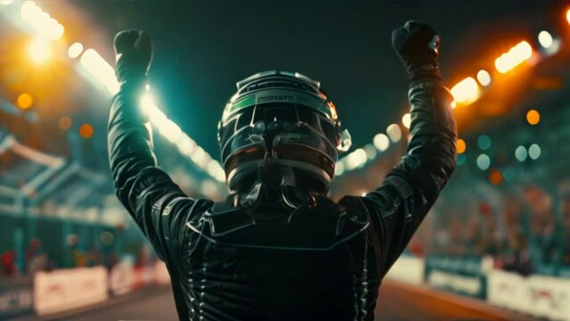 Silhouette of a racing driver celebrating victory in a race against bright lights in a stadium.