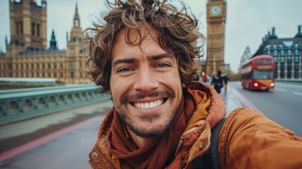 Smiling Young Man Taking a Selfie on London Bridge with Iconic Red Bus in Background