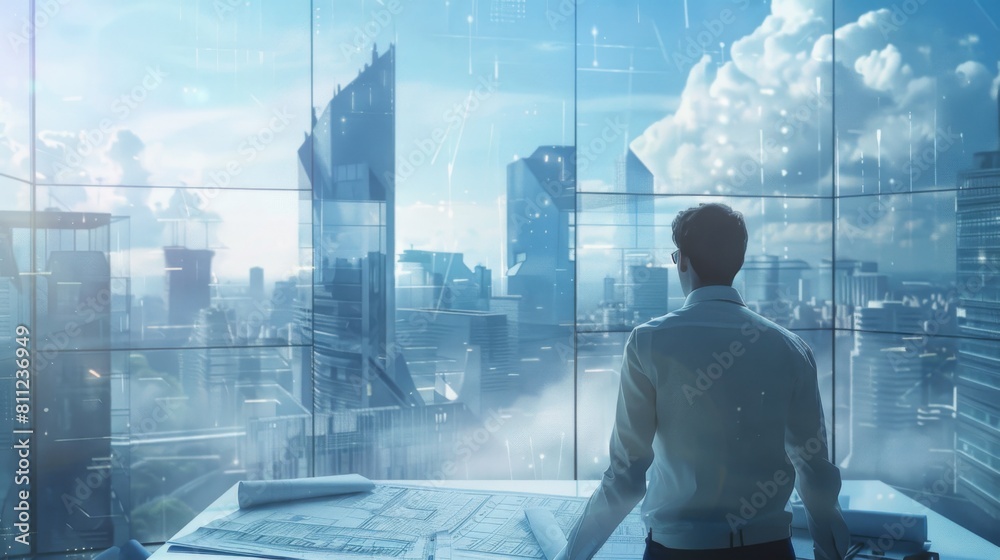 Aufkleber an architect examining blueprints and plans for a high-rise building project, envisioning the future