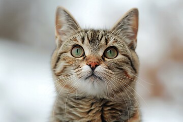 Portrait of a cat with green eyes on a background of snow
