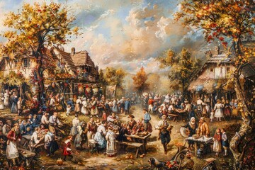 Fototapeta premium A painting depicting a lively crowd of people celebrating at a harvest festival in a village, A harvest festival bustling with laughter and music