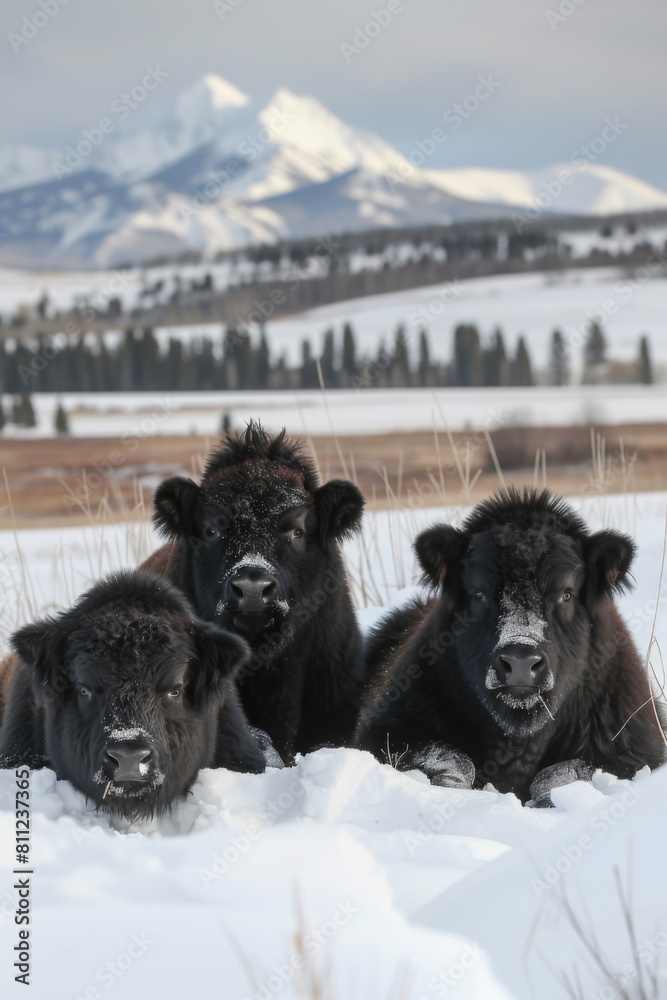 Sticker three black cows are laying in the snow with mountains behind them, ai