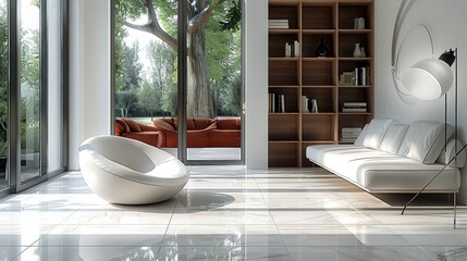 Interior modern living room, spacious room with a comfortable sofa, panoramic window on tropics. Generative AI.