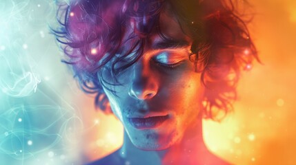 Close-up portrait of a young teenage boy with closed eyes in a stream of magical rainbow light. Magic colorful light projected on a kid's face. Teenager waiting for the holiday magic.