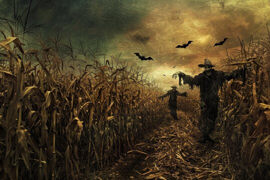 A scarecrow stands amidst cornstalks in a field filled with bats, A haunted cornfield with scarecrows coming to life