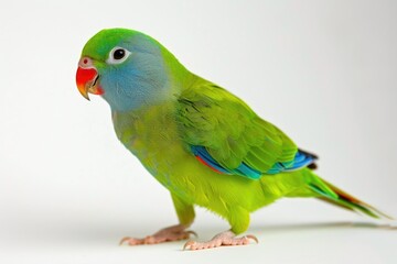 Pacific Parrotlet Male in Studio - Isolated White Background. Lovely Green and Blue Bird for Bird