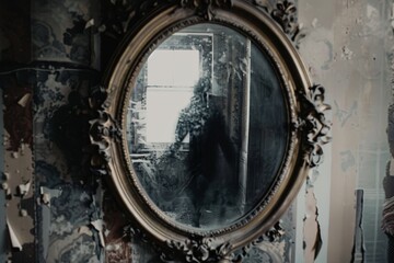 A mirror on the wall reflecting a spectral figure in a room, A haunted mirror reflecting a spectral figure