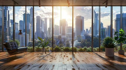 An office interior with panoramic windows offering breathtaking views of a city skyline dominated by high-rise buildings.