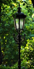 Old-Fashioned Black English Light Post in a Fancy Park Lantern Lighting Up the Night