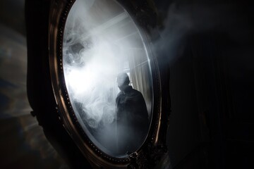 A man stands in front of a haunted mirror in the dark, with a spectral figure reflected, A haunted mirror reflecting a spectral figure