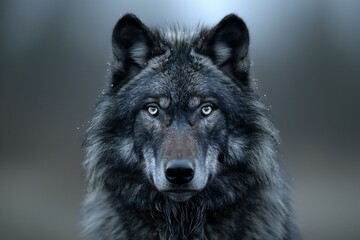 Portrait of a wolf in front of a dark background, close-up