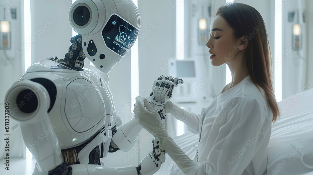 Poster a medical robot is examining a patient in a white room and holding a digital screen to read informat