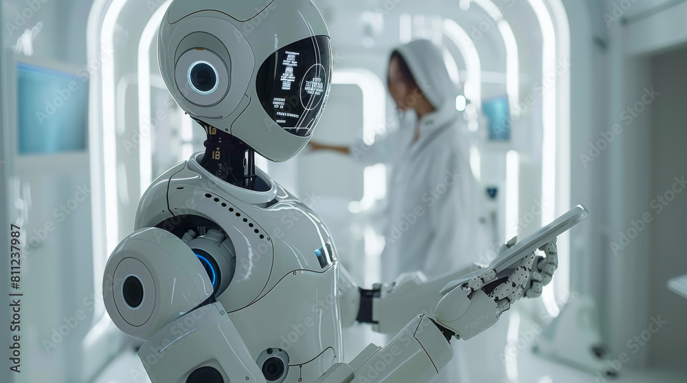 Poster a medical robot is examining a patient in a white room and holding a digital screen to read informat