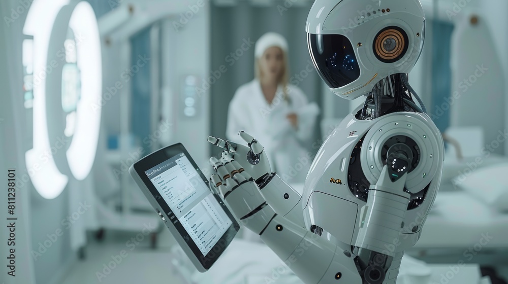 Aufkleber a medical robot is examining a patient in a white room and holding a digital screen to read informat