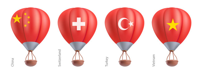 Hot air balloons with national flag of China, Switzerland, Turkey, Vietnam. Sky travel or ballooning festival in flying basket aerostat concept. Vector 3d render cartoon airship on white background.