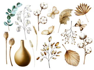 Realistic set with dried branches, pampas grass, cotton flowers, wheat, poppy heads, lunaria, butterfly, eucalyptus. Watercolor hand drawn boho plants isolated on background. Christmas, winter, and we