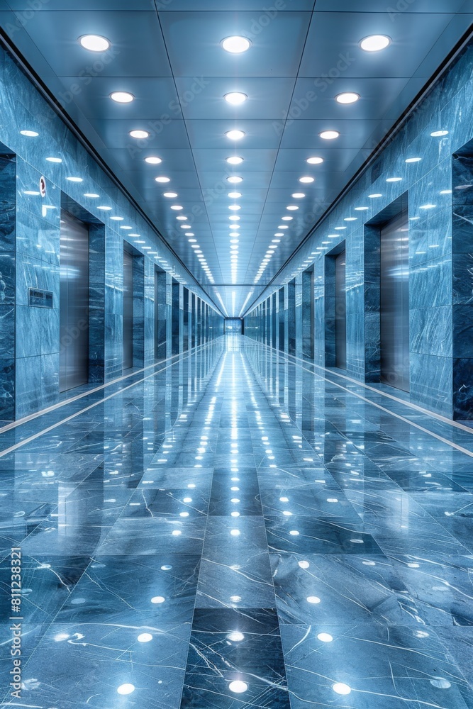 Sticker A long hallway with blue marble floor and lights on the ceiling, AI