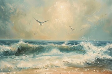 Obraz premium Seagulls soar above sandy beach with crashing waves in a hazy summer scene, A hazy summer beach scene with crashing waves and seagulls flying overhead