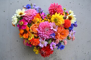 Fototapeta premium A heart shaped arrangement of vibrant flowers hanging on a wall, A heart-shaped bouquet of flowers with vibrant colors