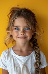 Joyful child with braided hair, beaming in white tee on vibrant yellow backdrop