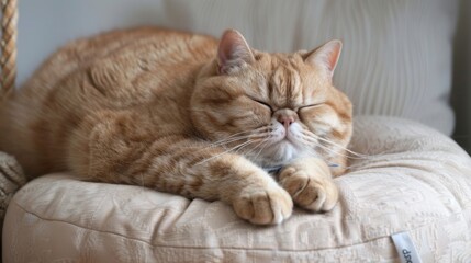 An overweight British Shorthair cat dozing off on a plush pillow, its chubby cheeks and relaxed demeanor portraying the cozy bliss of chubby naps.