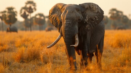 Fototapeta premium An elephant walking through a field of tall grass with trees in the background, AI