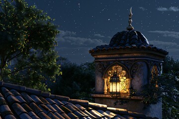 Night view of the roof of an old house with a lantern