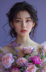Fototapeta premium Radiant Asian woman, flawless makeup, pink lips, holding peonies, against purple backdrop, exudes elegance