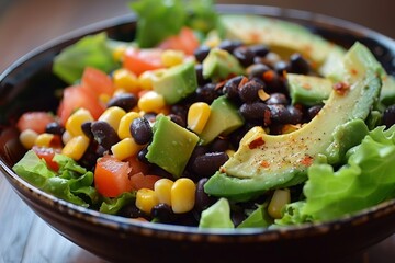 A bowl filled with a hearty mix of black beans, avocado, corn, and tomatoes, A hearty salad filled with black beans, corn, and avocado