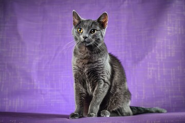 Beautiful gray cat with yellow eyes sitting on a purple background
