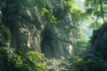 A cave entrance nestled in the lush jungle surrounded by towering rocks and dense vegetation, A hidden cave entrance nestled between towering rock formations and ancient trees