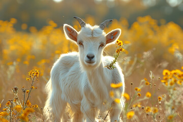 A baby goat standing among vibrant yellow flowers in a field