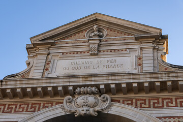 Architectural fragments of Gare du Sud (South Station, 1892), formerly a historic railway station, now a city library and food court. Nice, France.