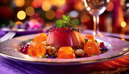 Luxurious red jelly dessert with mandarin slices, cherries, and nuts on a festive purple table, perfect for celebration themes."