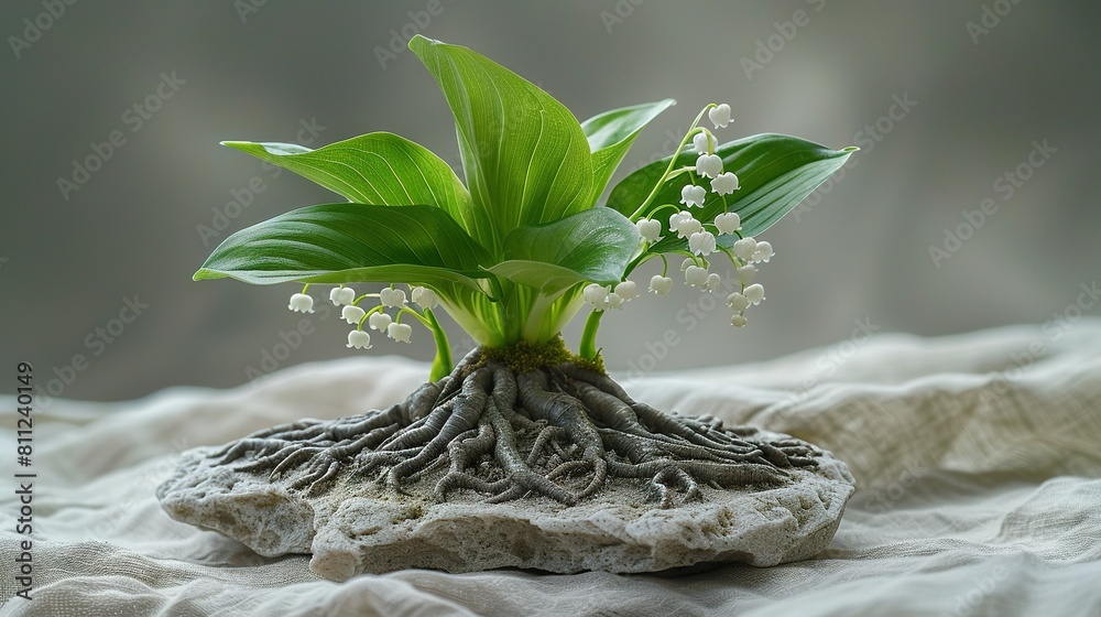 Sticker   Plant with white flowers growing from its roots on rock, atop white cloth