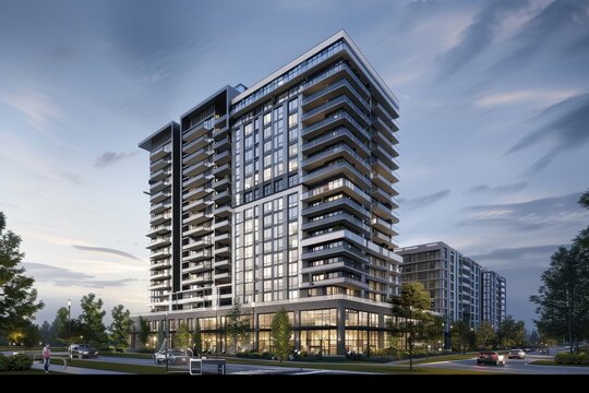 A very tall building with a plethora of windows reaching skyward, A high-rise apartment building with state-of-the-art amenities