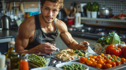 A young athlete sit at a kitchen counter, energetically preparing a high-protein plant-based meal...