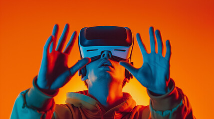 A man wearing a VR headset, his hands raised in excitement, set against a bold orange background. The vibrant hue enhances the sense of adventure as he delves into the virtual realm