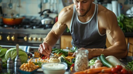 A young athlete sit at a kitchen counter, energetically preparing a high-protein plant-based meal with tofu, quinoa, chickpea, and assorted vegetables. the athlete is visibly muscular. Generative AI.