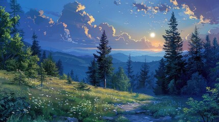 On the summer solstice the coniferous trees perched atop a hill by the meandering path through the meadow in the mountains witness the dance of the sun and moon embodying the intriguing ide