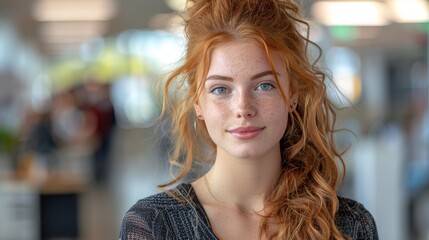 A woman with red hair and freckles posing for a picture, AI - Powered by Adobe